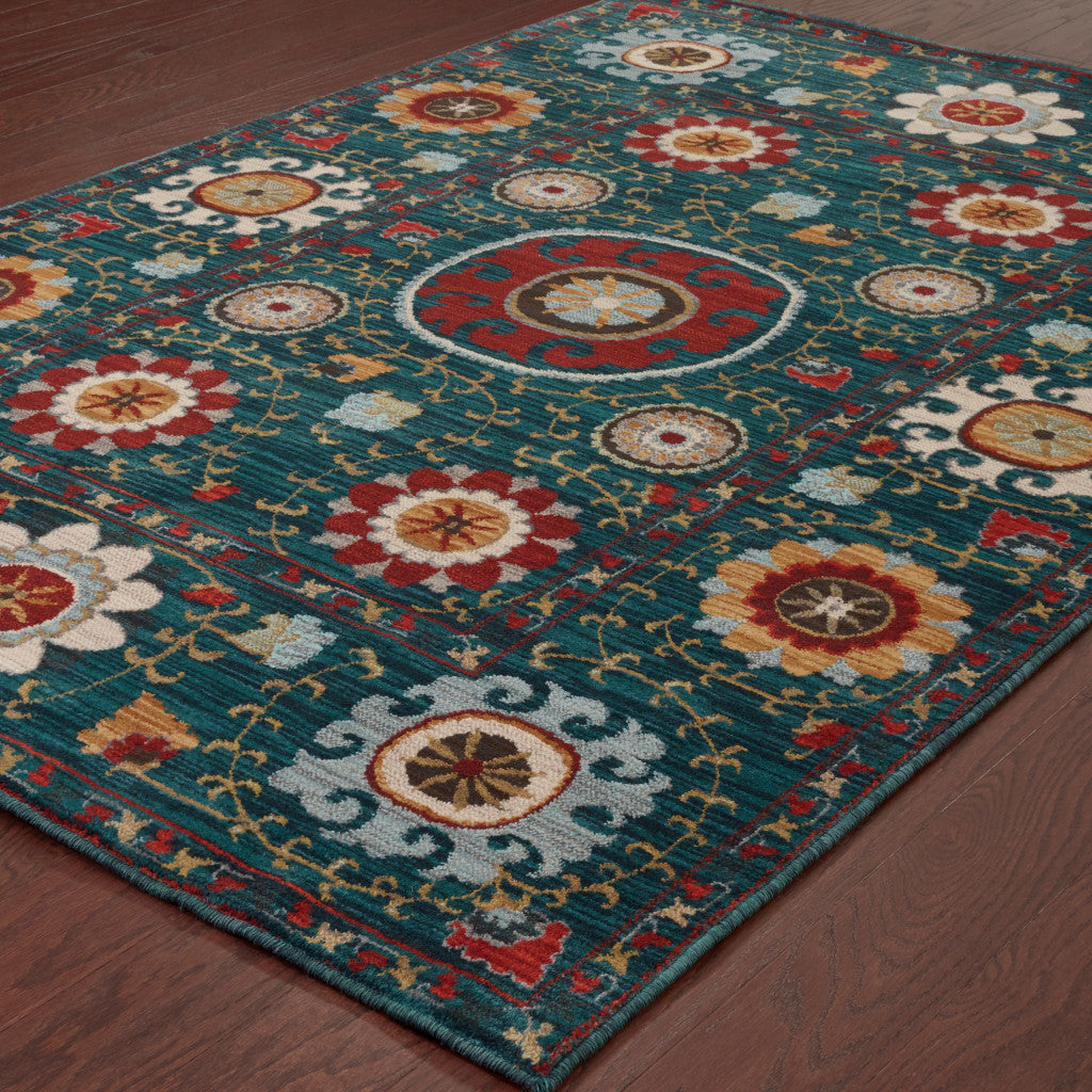 2' X 3' Teal Blue Rust Gold And Ivory Floral Power Loom Stain Resistant Area Rug