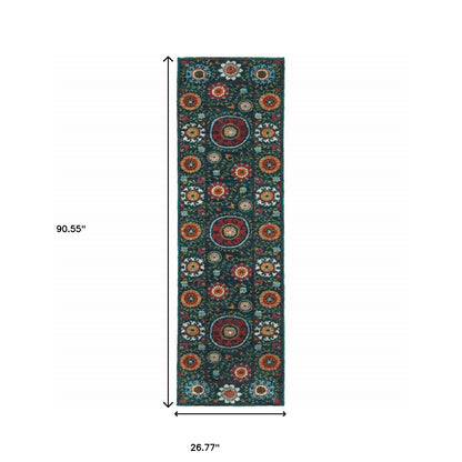 2' X 8' Teal Blue Rust Gold And Ivory Floral Power Loom Stain Resistant Runner Rug