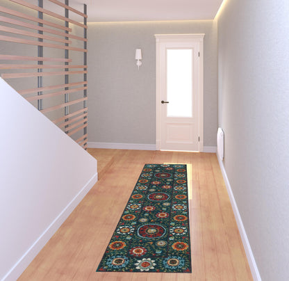 2' X 8' Teal Blue Rust Gold And Ivory Floral Power Loom Stain Resistant Runner Rug