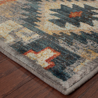 10' X 13' Blue Teal Grey Orange Gold Ivory And Rust Geometric Power Loom Stain Resistant Area Rug