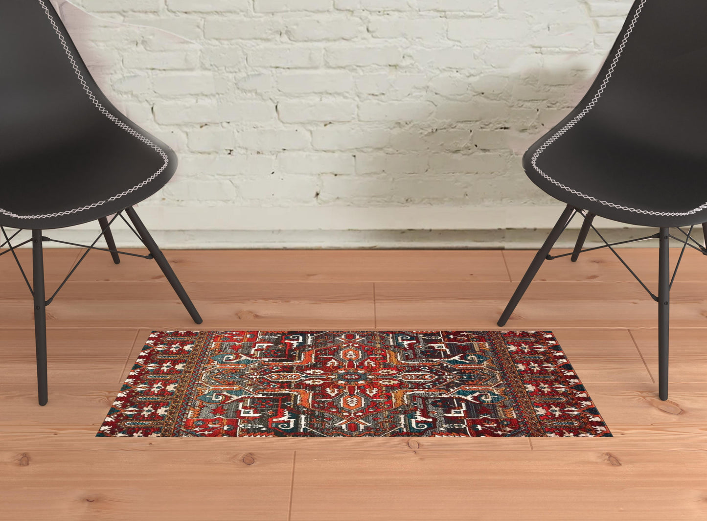 2' X 3' Red Orange Blue And Grey Southwestern Power Loom Stain Resistant Area Rug