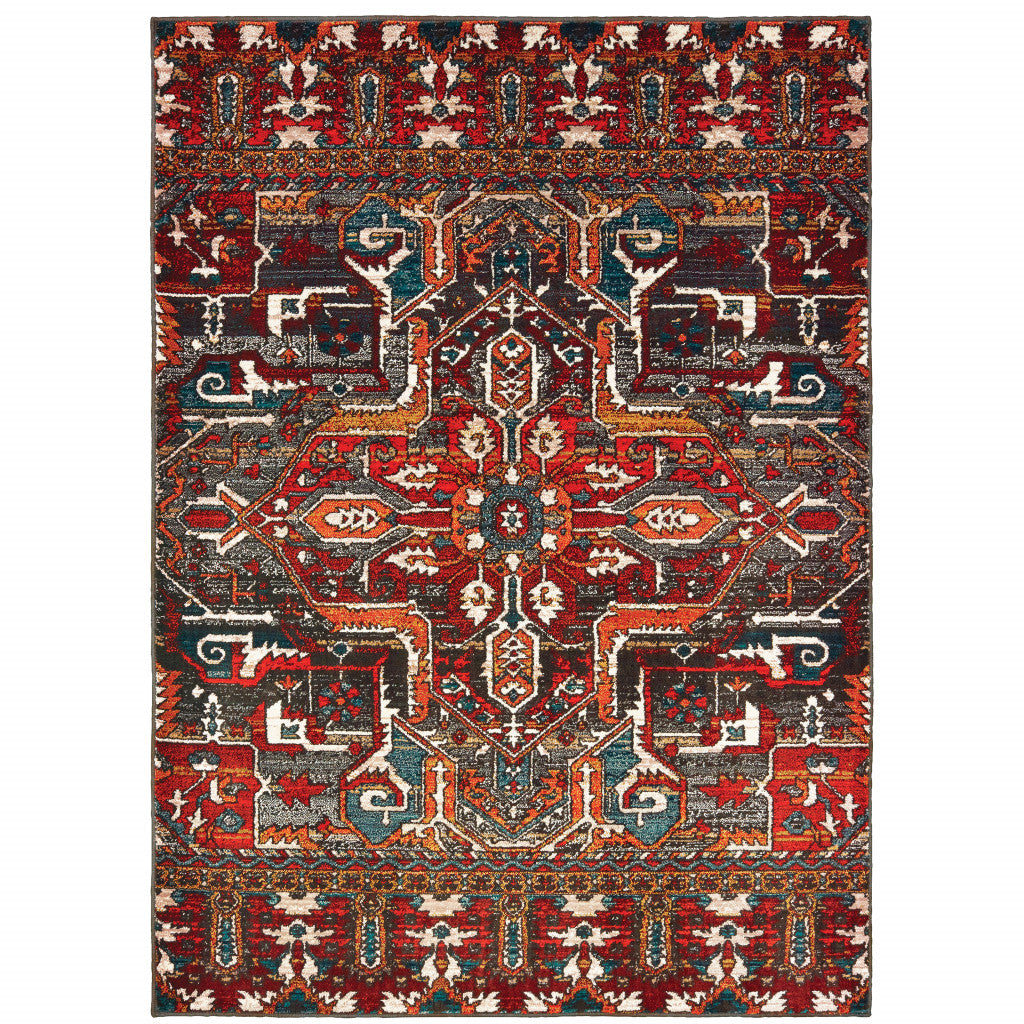 4' X 6' Red Orange Blue And Grey Southwestern Power Loom Stain Resistant Area Rug