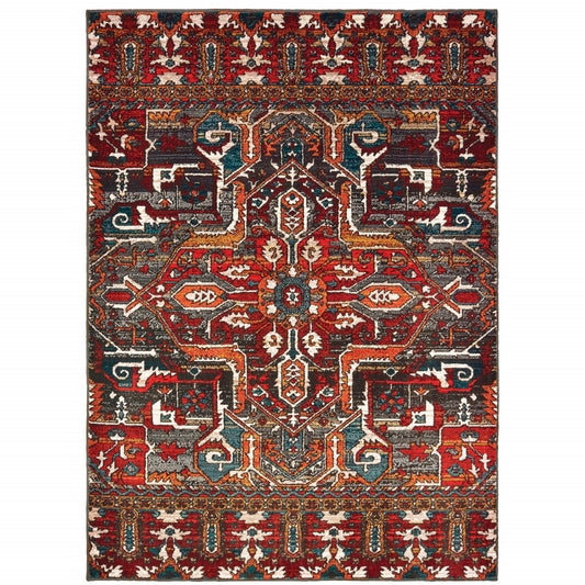 8' X 11' Red Orange Blue And Grey Southwestern Power Loom Stain Resistant Area Rug