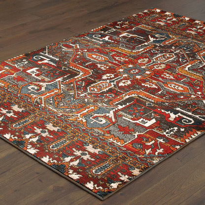 8' X 11' Red Orange Blue And Grey Southwestern Power Loom Stain Resistant Area Rug