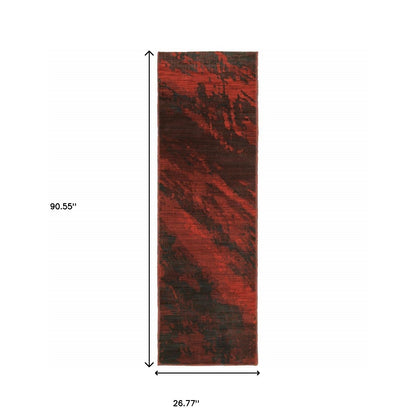 2' X 8' Red And Grey Abstract Power Loom Stain Resistant Runner Rug
