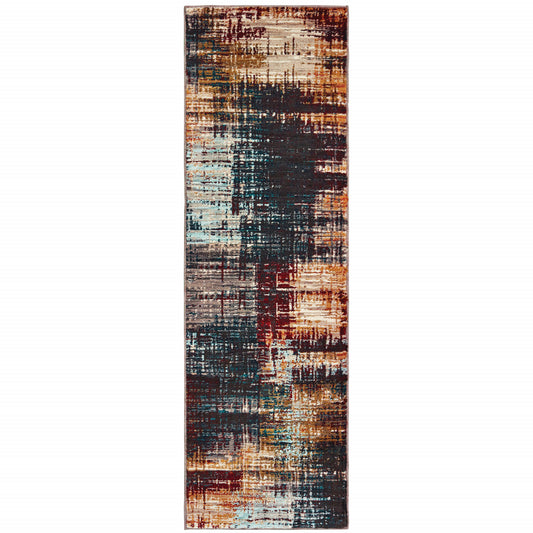 2' X 8' Blue Gold Red And Grey Abstract Power Loom Stain Resistant Runner Rug