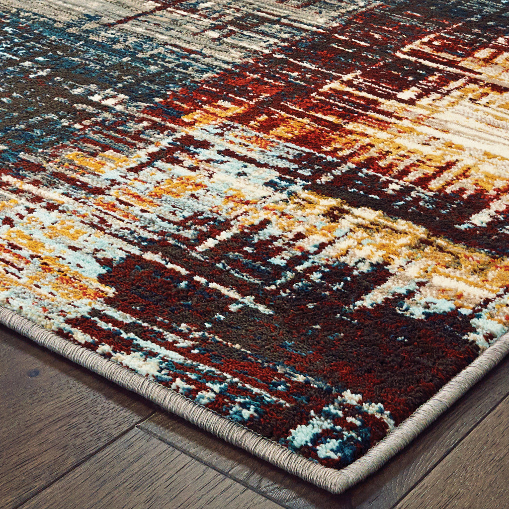 2' X 8' Blue Gold Red And Grey Abstract Power Loom Stain Resistant Runner Rug