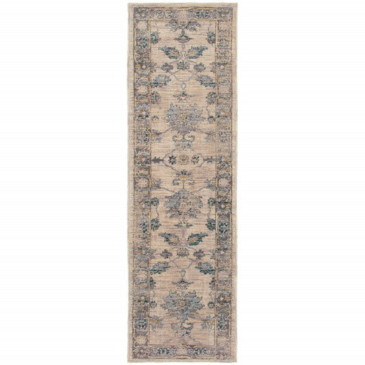 2' X 8' Ivory Blue Gold And Grey Oriental Power Loom Stain Resistant Runner Rug