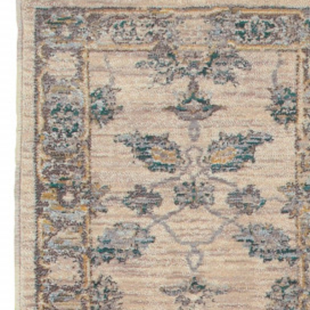 2' X 8' Ivory Blue Gold And Grey Oriental Power Loom Stain Resistant Runner Rug