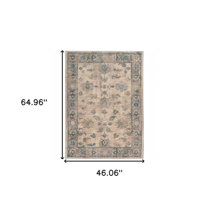 4' X 6' Ivory Blue Gold And Grey Oriental Power Loom Stain Resistant Area Rug