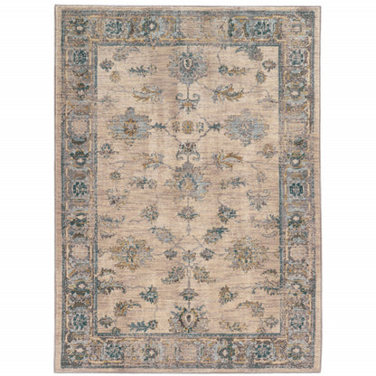 10' X 13' Ivory Blue Gold And Grey Oriental Power Loom Stain Resistant Area Rug