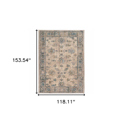 10' X 13' Ivory Blue Gold And Grey Oriental Power Loom Stain Resistant Area Rug