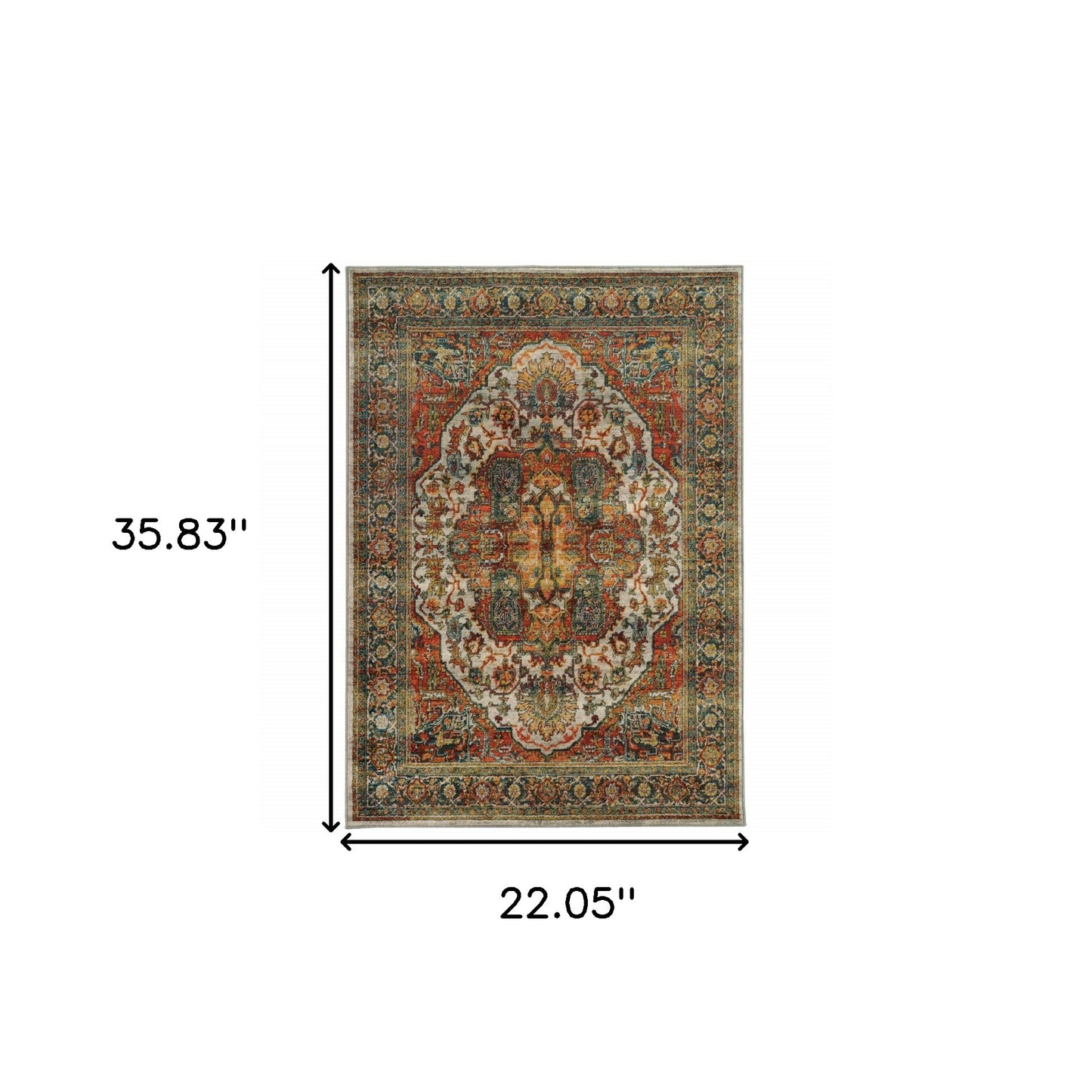 2' X 3' Red Gold Orange Green Ivory Rust And Blue Oriental Power Loom Stain Resistant Area Rug