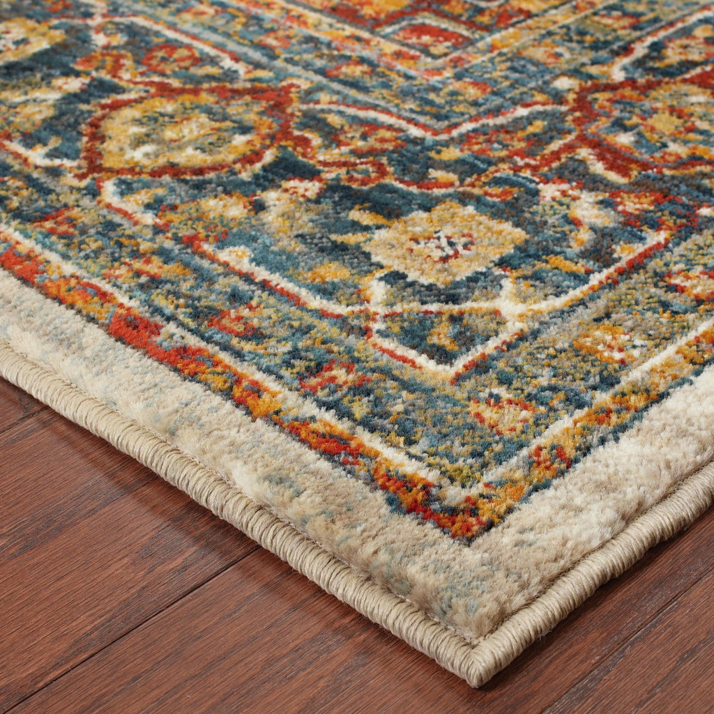 2' X 3' Red Gold Orange Green Ivory Rust And Blue Oriental Power Loom Stain Resistant Area Rug