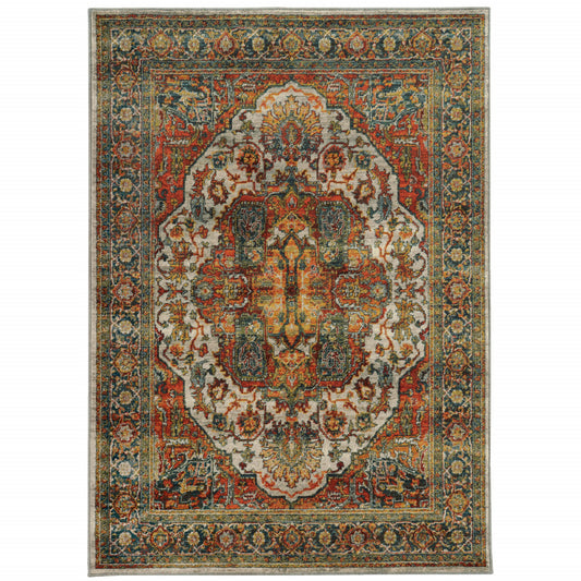 4' X 6' Red Gold Orange Green Ivory Rust And Blue Oriental Power Loom Stain Resistant Area Rug