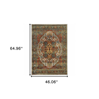 4' X 6' Red Gold Orange Green Ivory Rust And Blue Oriental Power Loom Stain Resistant Area Rug