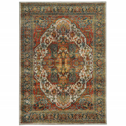 5' X 8' Red Gold Orange Green Ivory Rust And Blue Oriental Power Loom Stain Resistant Area Rug