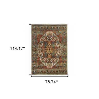 6' X 9' Red Gold Orange Green Ivory Rust And Blue Oriental Power Loom Stain Resistant Area Rug