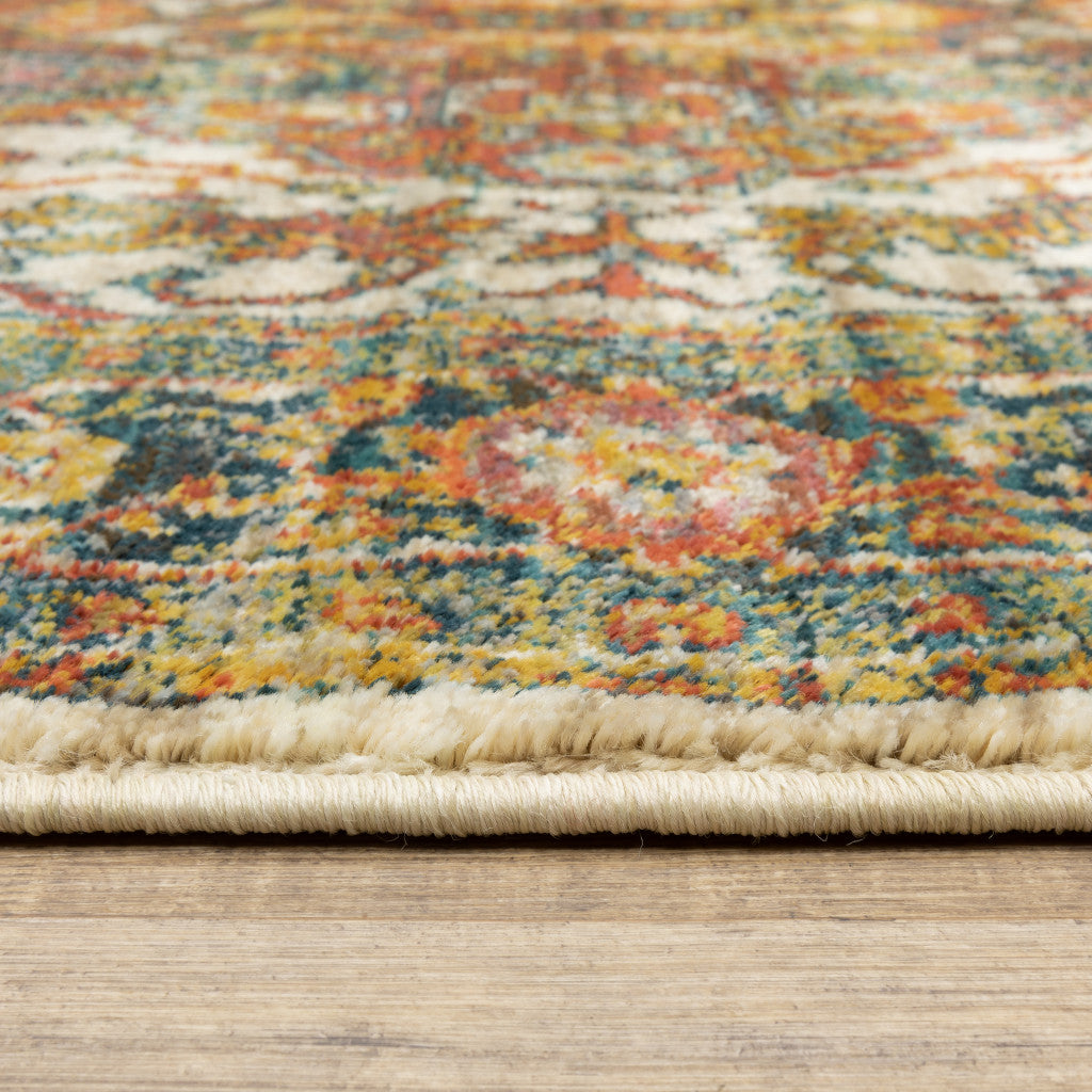 6' X 9' Red Gold Orange Green Ivory Rust And Blue Oriental Power Loom Stain Resistant Area Rug
