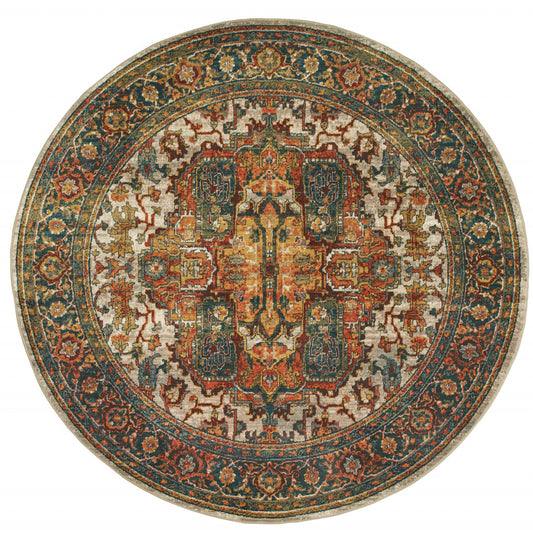 8' Red Gold Orange Green Ivory Rust And Blue Round Oriental Power Loom Stain Resistant Area Rug