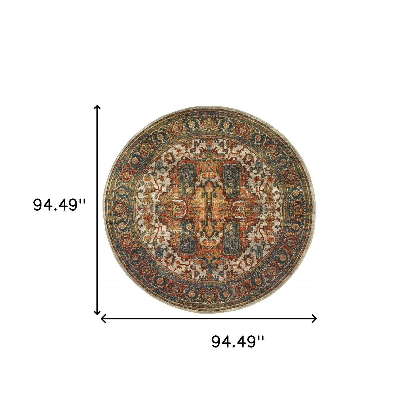 8' Red Gold Orange Green Ivory Rust And Blue Round Oriental Power Loom Stain Resistant Area Rug