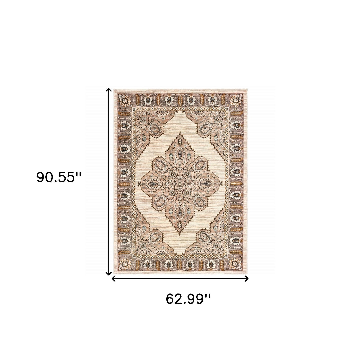 5' X 8' Ivory Gold Grey And Blue Oriental Power Loom Stain Resistant Area Rug