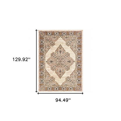 8' X 11' Ivory Gold Grey And Blue Oriental Power Loom Stain Resistant Area Rug