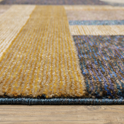 9' X 12' Gold Blue Beige Purple And Teal Geometric Power Loom Stain Resistant Area Rug