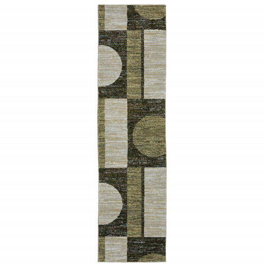 2' X 8' Gold Green Charcoal Teal Blue Purple Grey And Beige Geometric Power Loom Stain Resistant Runner Rug