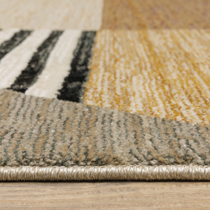 2' X 8' Gold Brown Blue Charcoal Rust And Beige Geometric Power Loom Stain Resistant Runner Rug