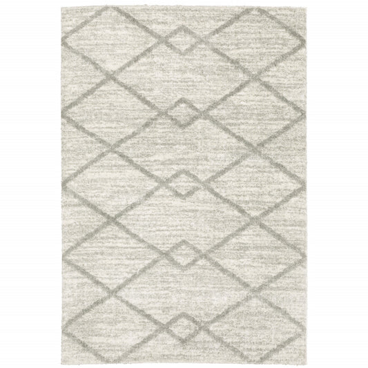 10' X 13' Ivory And Grey Geometric Shag Power Loom Stain Resistant Area Rug