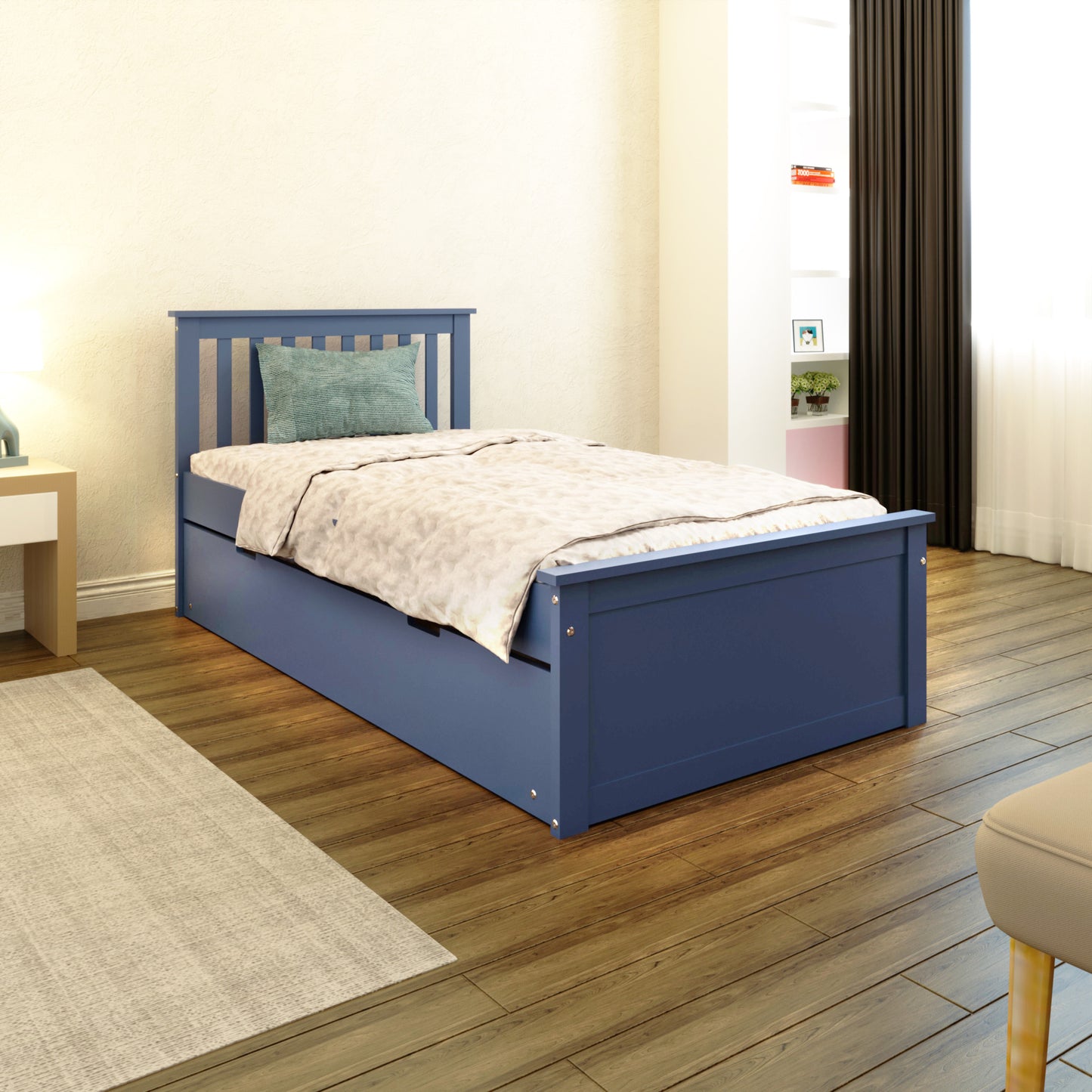 Blue Solid Wood Twin Bed With Pull Out Trundle