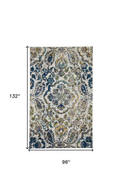4' X 6' Ivory Blue And Green Floral Stain Resistant Area Rug