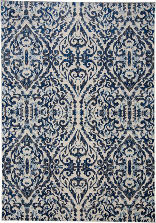 2' X 4' Blue Ivory And Black Floral Distressed Stain Resistant Area Rug