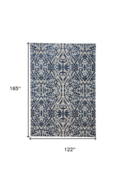 2' X 4' Blue Ivory And Black Floral Distressed Stain Resistant Area Rug