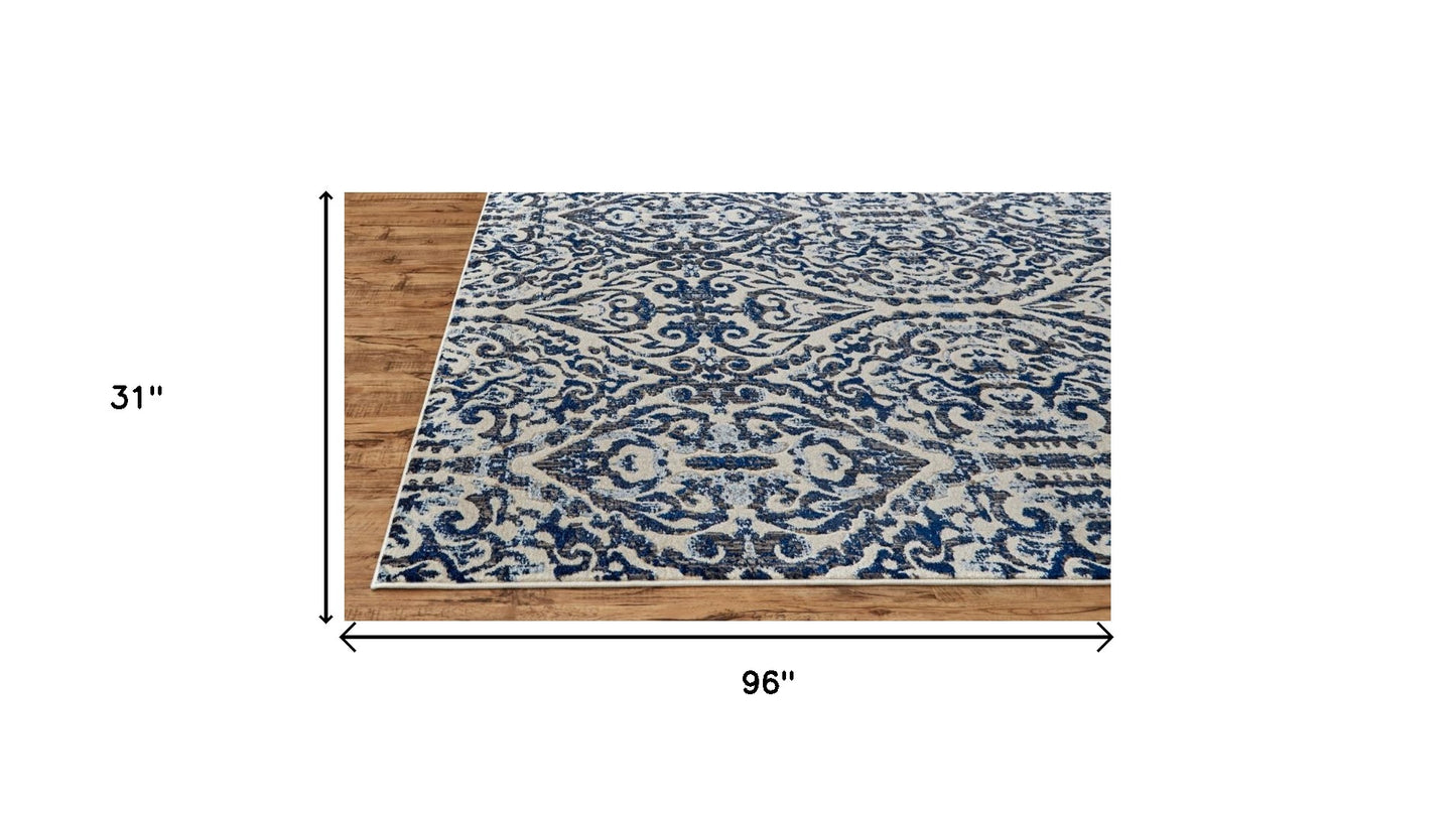 2' X 4' Blue Ivory And Black Floral Distressed Stain Resistant Area Rug