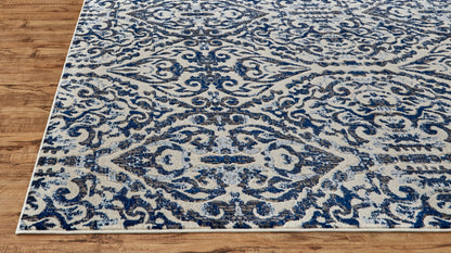 2' X 4' Blue Ivory And Black Floral Distressed Stain Resistant Area Rug