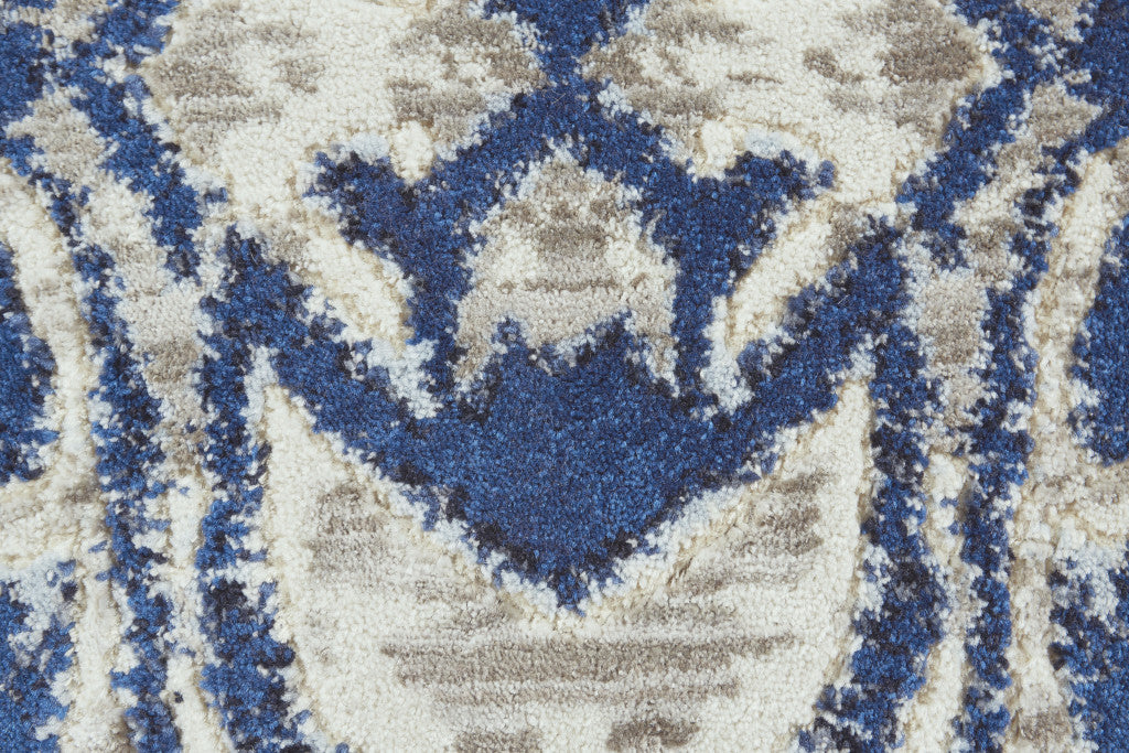 2' X 4' Blue Taupe And Ivory Ikat Distressed Area Rug