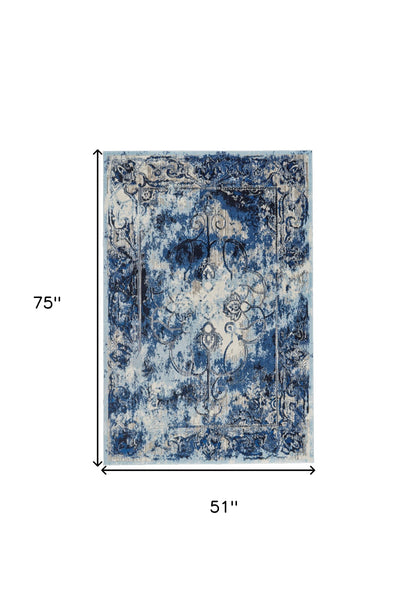 2' X 4' Blue Ivory And Gray Floral Distressed Stain Resistant Area Rug