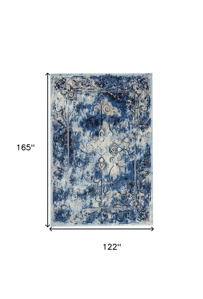 2' X 4' Blue Ivory And Gray Floral Distressed Stain Resistant Area Rug