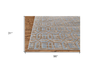 2' X 4' Blue Taupe And Ivory Floral Distressed Stain Resistant Area Rug
