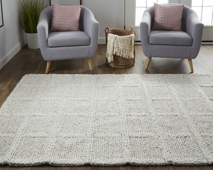 5' X 8' Ivory And Gray Wool Plaid Hand Woven Stain Resistant Area Rug