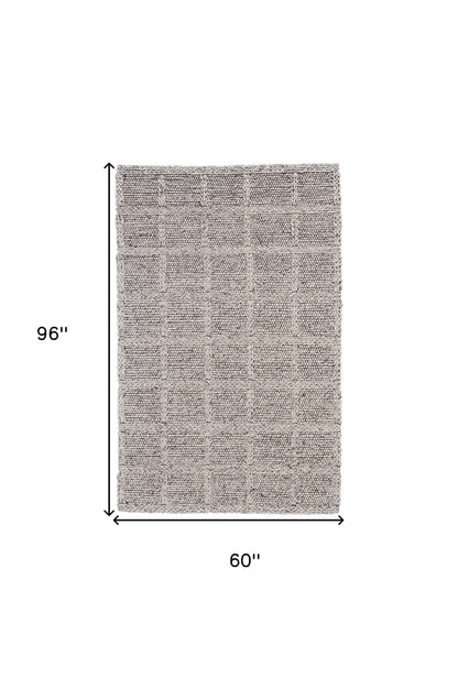 5' X 8' Ivory And Gray Wool Plaid Hand Woven Stain Resistant Area Rug