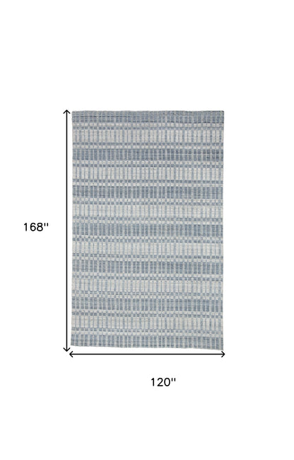 9' X 13' Blue Gray And Ivory Striped Hand Woven Area Rug