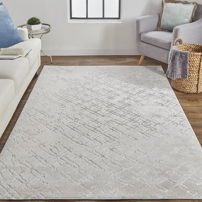 5' X 8' Silver Gray And White Abstract Stain Resistant Area Rug