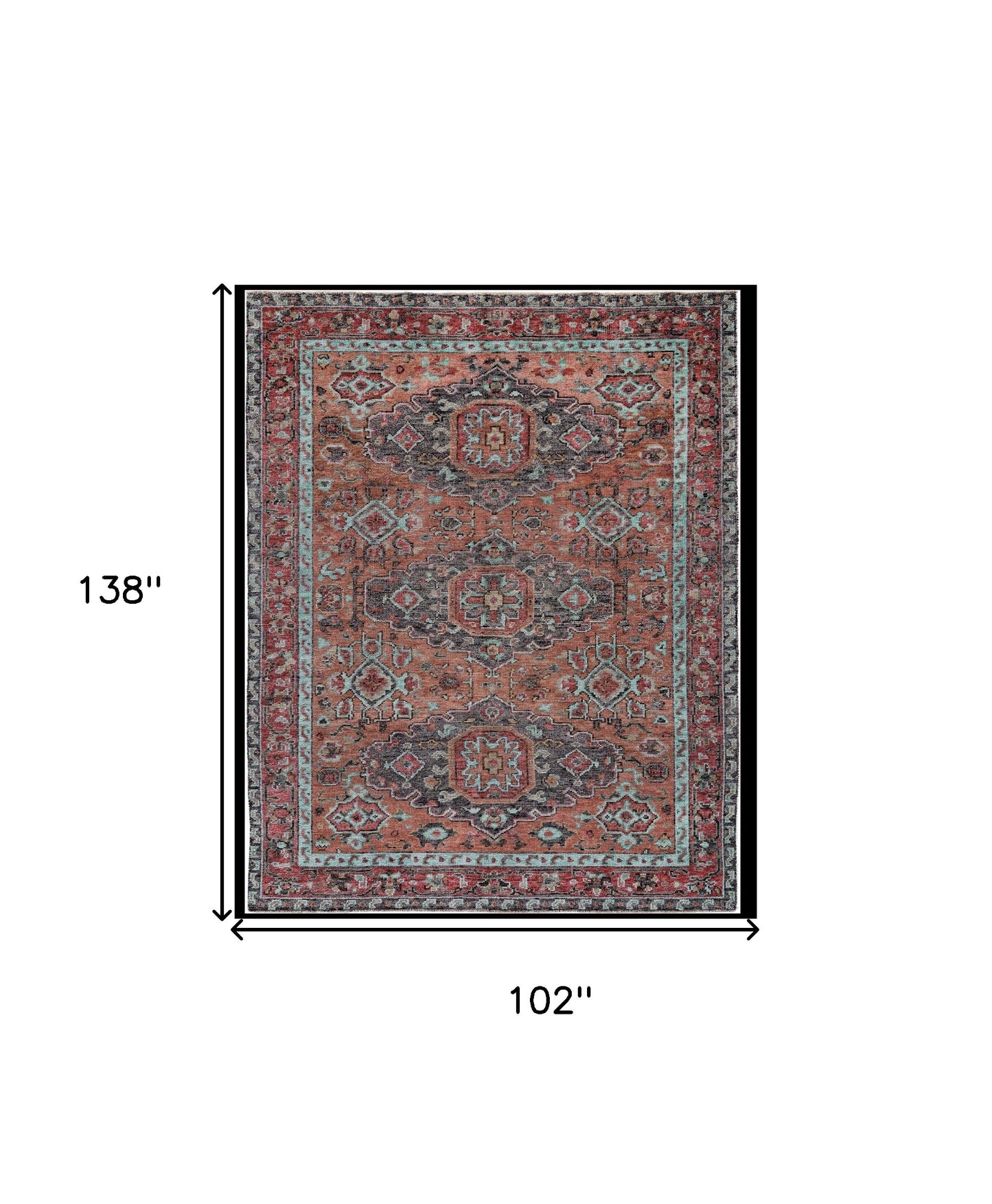 9' X 12' Red Orange And Blue Wool Floral Hand Knotted Distressed Stain Resistant Area Rug With Fringe
