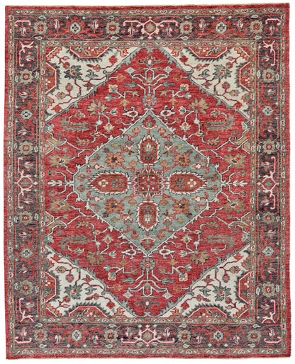 2' X 3' Red Gray And Ivory Wool Floral Hand Knotted Distressed Stain Resistant Area Rug With Fringe