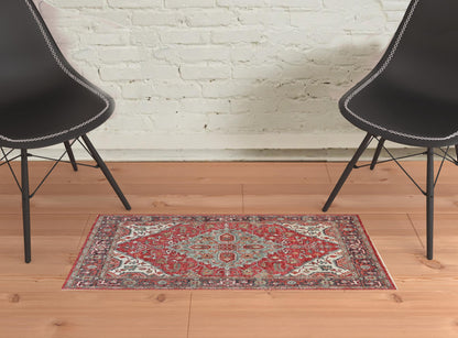 2' X 3' Red Gray And Ivory Wool Floral Hand Knotted Distressed Stain Resistant Area Rug With Fringe