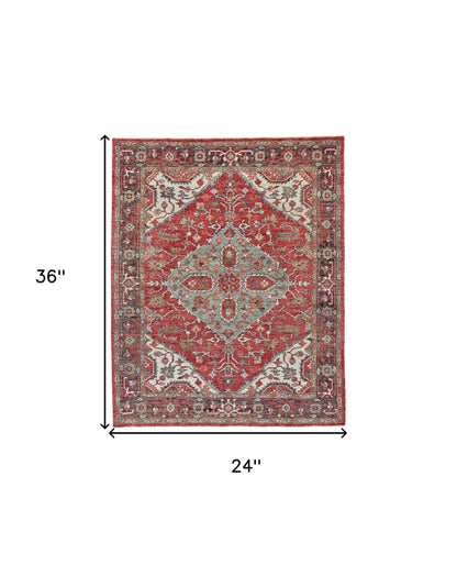 2' X 3' Red Gray And Ivory Wool Floral Hand Knotted Distressed Stain Resistant Area Rug With Fringe
