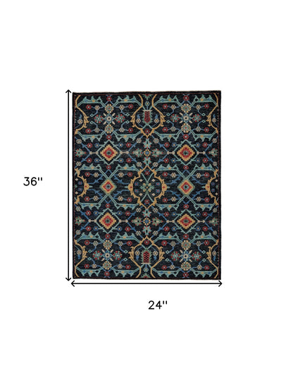2' X 3' Blue Yellow And Red Wool Floral Hand Knotted Distressed Stain Resistant Area Rug With Fringe